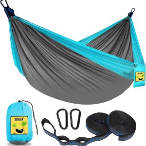 SZHLUX Camping Hammock Double & Single Portable Hammocks with 2 Tree Straps and Attached Carry Bag,Great for Outdoor,Indoor,Beach,Camping,Light Grey / Sky Blue