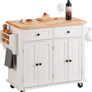 VEVOR Kitchen Island Cart with Solid Wood Top, 35.4" Width Mobile Carts with Storage Cabinet, Rolling Kitchen Table with Spice Rack, Towel Rack, and Drawer, Portable Islands on Wheels, White